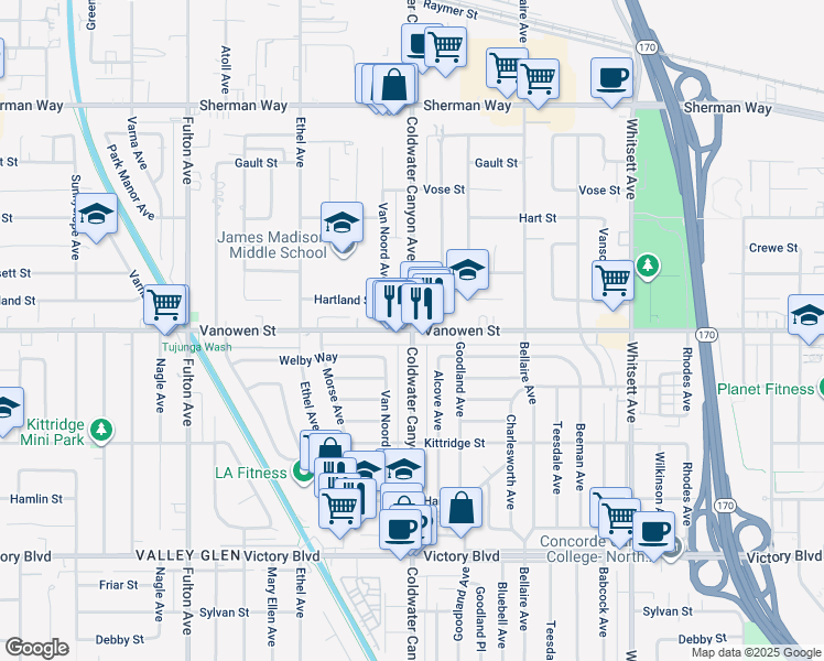 map of restaurants, bars, coffee shops, grocery stores, and more near Vanowen St & Coldwater Canyon Ave in Los Angeles