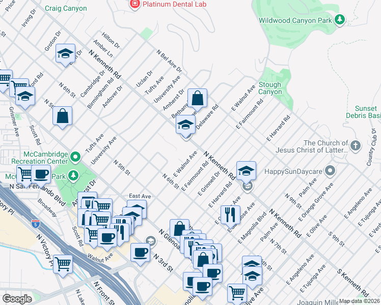 map of restaurants, bars, coffee shops, grocery stores, and more near 723 East Walnut Avenue in Burbank