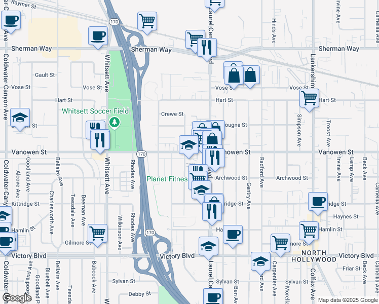 map of restaurants, bars, coffee shops, grocery stores, and more near 12157 Vanowen St in Los Angeles