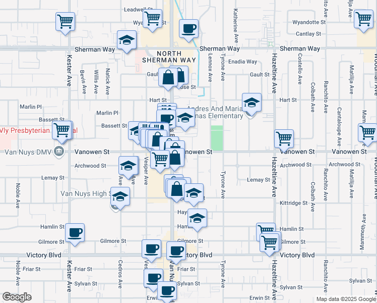 map of restaurants, bars, coffee shops, grocery stores, and more near 14439 Vanowen Street in Los Angeles