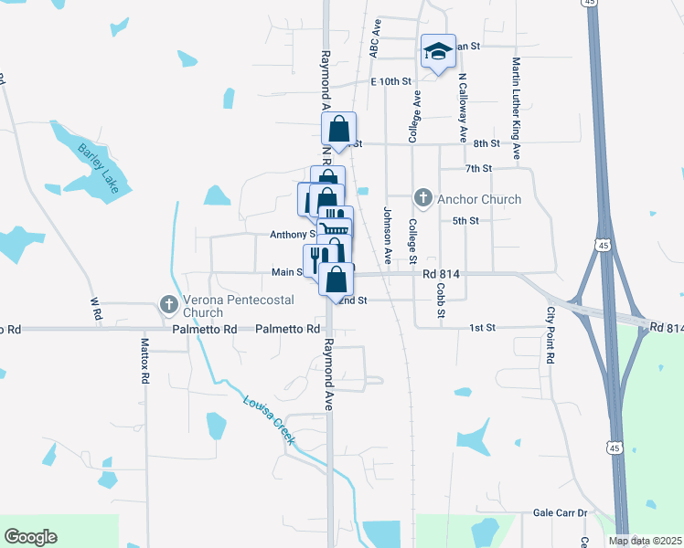 map of restaurants, bars, coffee shops, grocery stores, and more near 118 Main Street in Tupelo