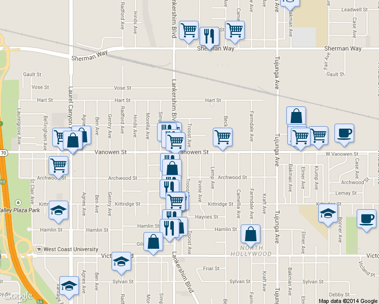 map of restaurants, bars, coffee shops, grocery stores, and more near Troost Avenue in Los Angeles