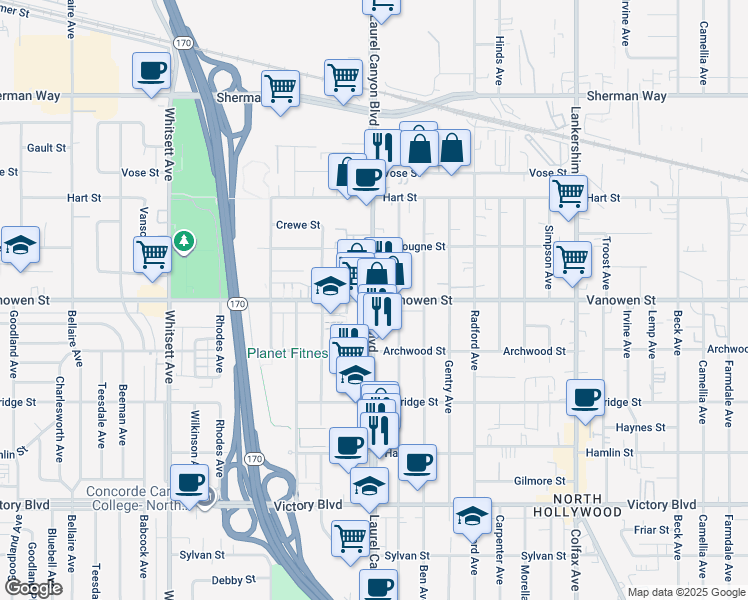 map of restaurants, bars, coffee shops, grocery stores, and more near Vanowen St & Laurel Canyon Blvd in Los Angeles