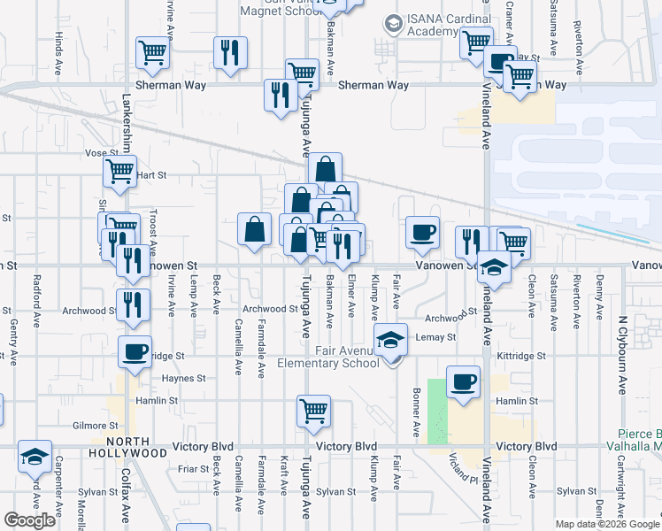 map of restaurants, bars, coffee shops, grocery stores, and more near Vanowen St & Bakman Ave in Los Angeles