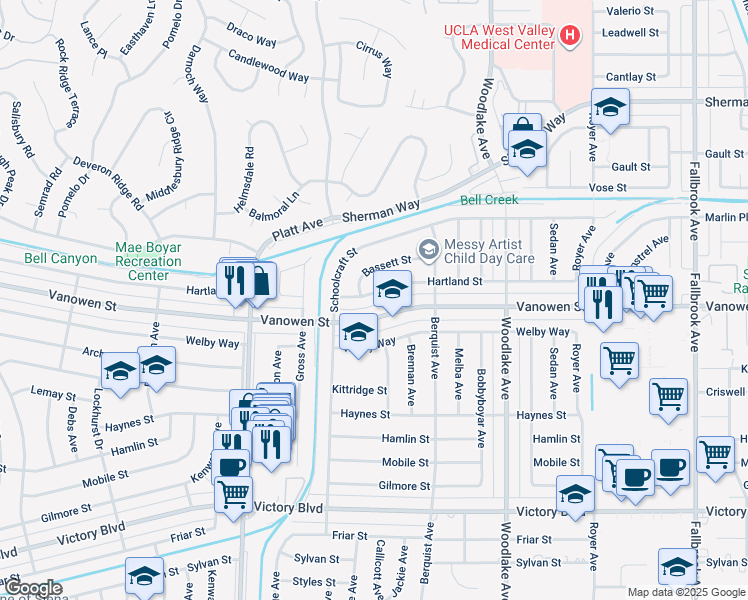 map of restaurants, bars, coffee shops, grocery stores, and more near 23376 Hartland Street in Los Angeles
