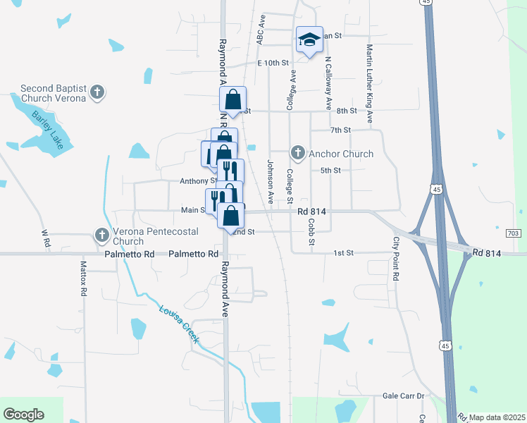 map of restaurants, bars, coffee shops, grocery stores, and more near 211 Main Street in Tupelo