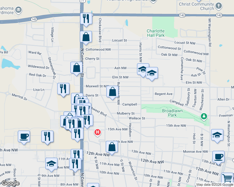 map of restaurants, bars, coffee shops, grocery stores, and more near 1701 Robison Street Northwest in Ardmore