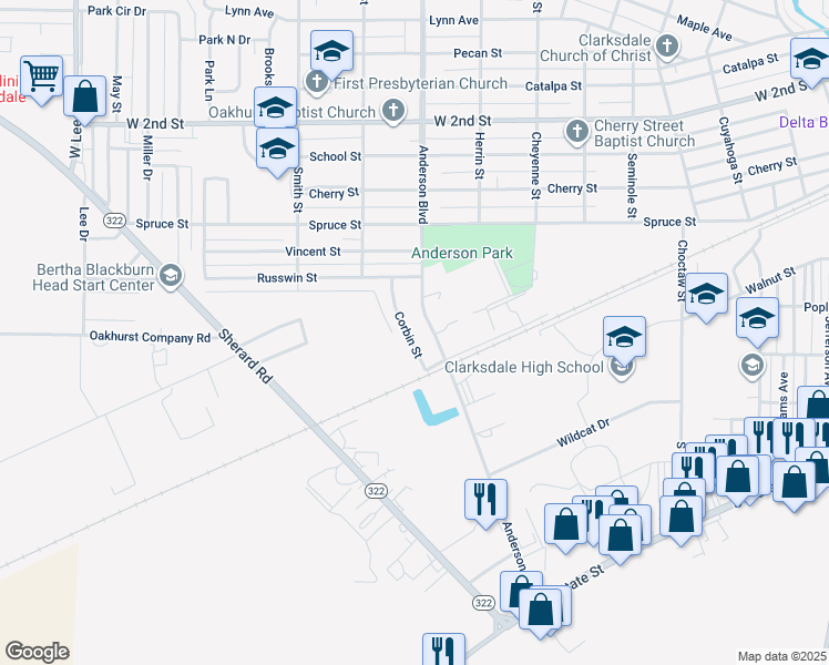 map of restaurants, bars, coffee shops, grocery stores, and more near 439 Corbin St in Clarksdale