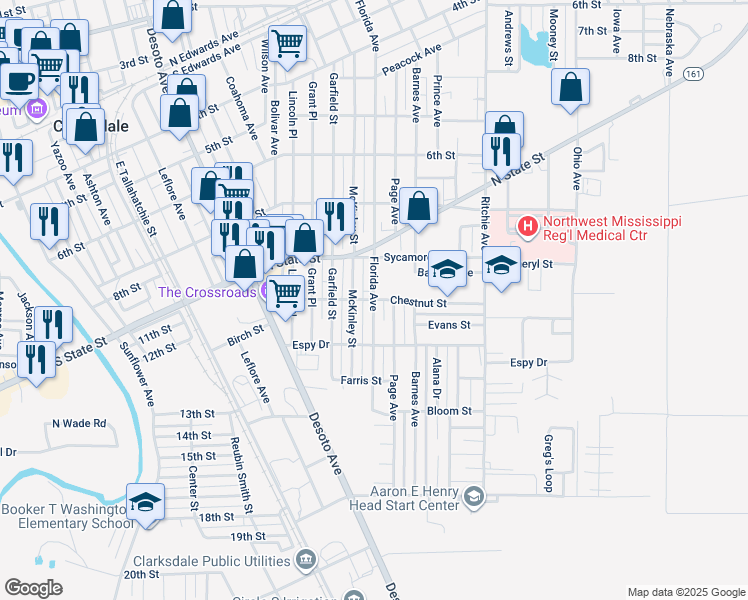 map of restaurants, bars, coffee shops, grocery stores, and more near 1401 Chestnut Street in Clarksdale