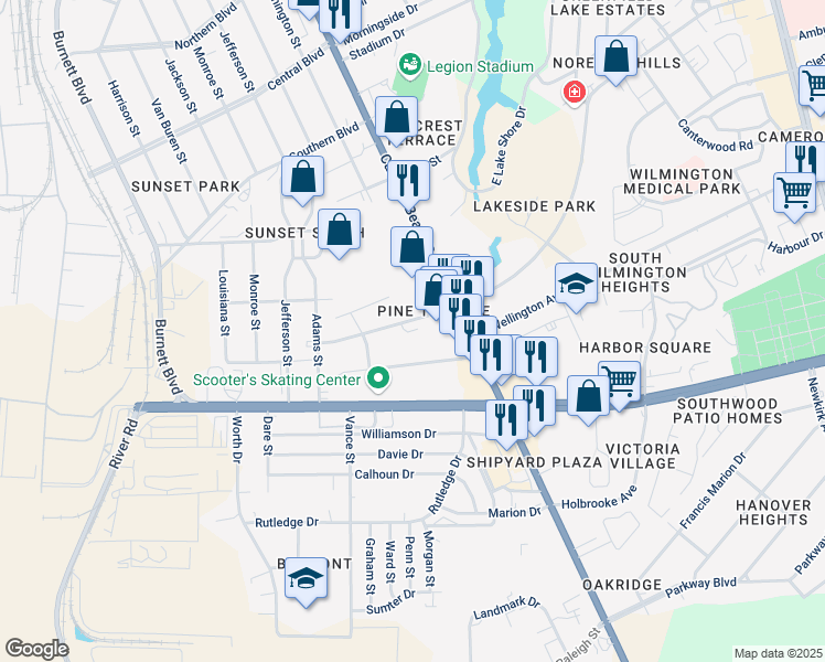 map of restaurants, bars, coffee shops, grocery stores, and more near 406 Bell Street in Wilmington