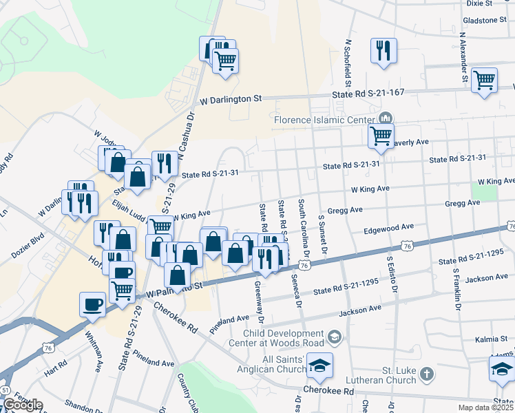 map of restaurants, bars, coffee shops, grocery stores, and more near 151 State Road S-21-332 in Florence