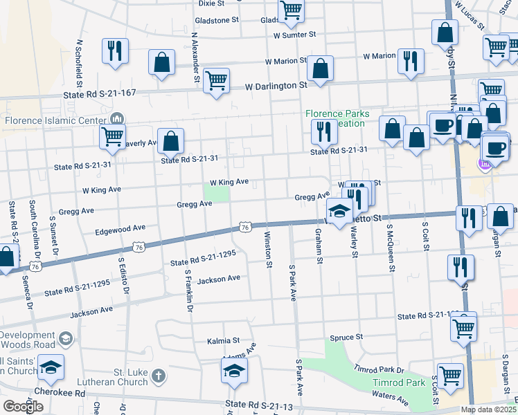 map of restaurants, bars, coffee shops, grocery stores, and more near 802 Gregg Ave in Florence