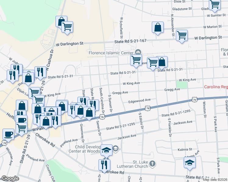 map of restaurants, bars, coffee shops, grocery stores, and more near 1407 Gregg Avenue in Florence