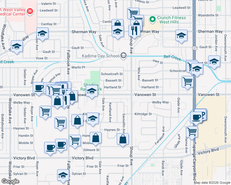 map of restaurants, bars, coffee shops, grocery stores, and more near 22501 Vanowen Street in Los Angeles