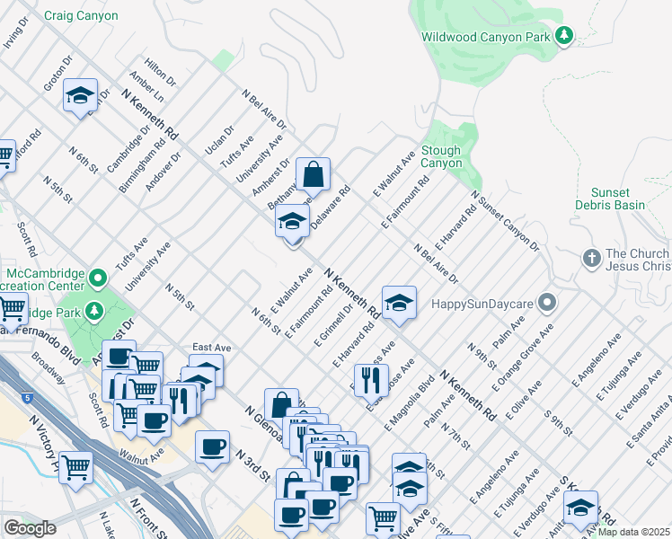 map of restaurants, bars, coffee shops, grocery stores, and more near 807 East Fairmount Road in Burbank