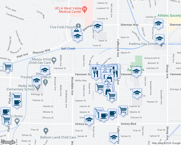 map of restaurants, bars, coffee shops, grocery stores, and more near 23009 Vanowen Street in Los Angeles