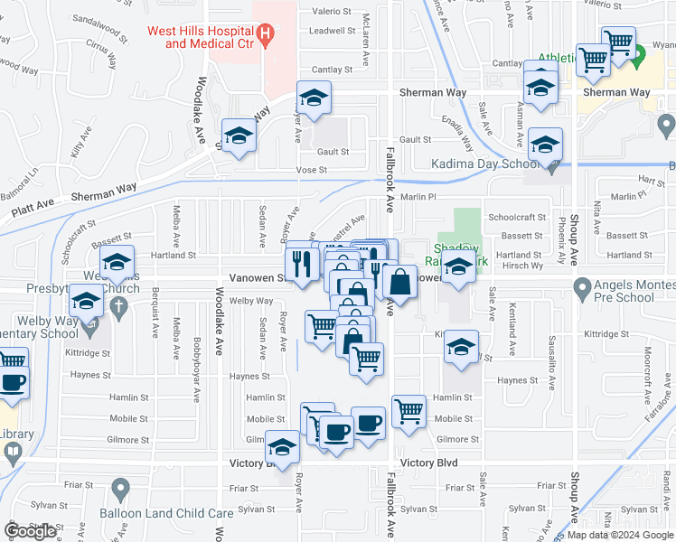 map of restaurants, bars, coffee shops, grocery stores, and more near 22907 Vanowen Street in Los Angeles