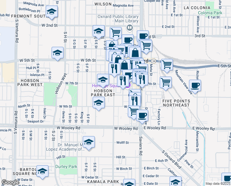 map of restaurants, bars, coffee shops, grocery stores, and more near 749 South B Street in Oxnard