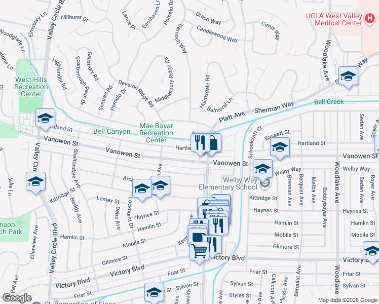 map of restaurants, bars, coffee shops, grocery stores, and more near 23744 Hartland Street in Los Angeles