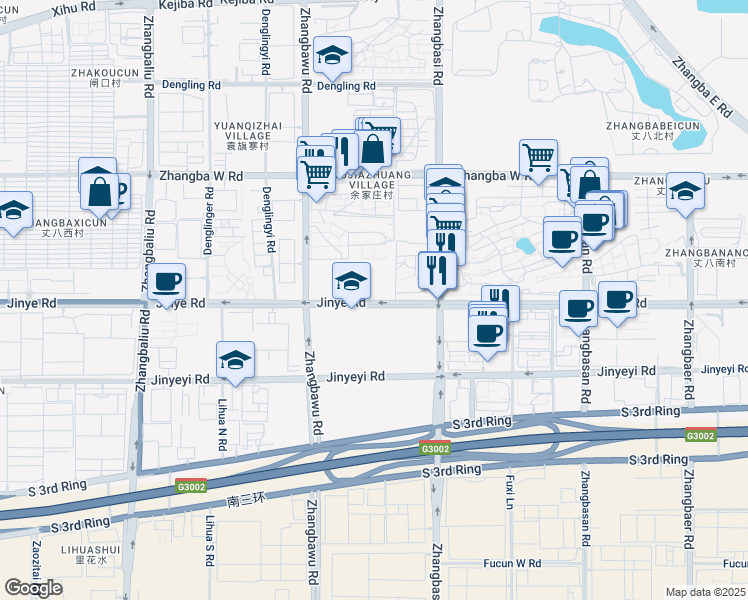 map of restaurants, bars, coffee shops, grocery stores, and more near Jin Ye Lu in Xian Shi