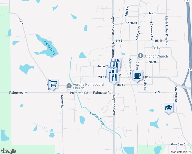 map of restaurants, bars, coffee shops, grocery stores, and more near 108-118 Main St in Tupelo