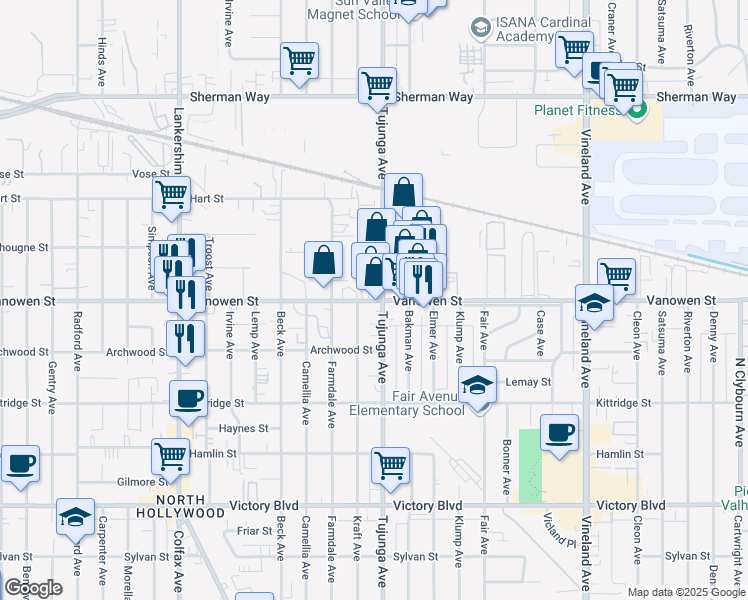 map of restaurants, bars, coffee shops, grocery stores, and more near 11426 West Vanowen Street in Los Angeles