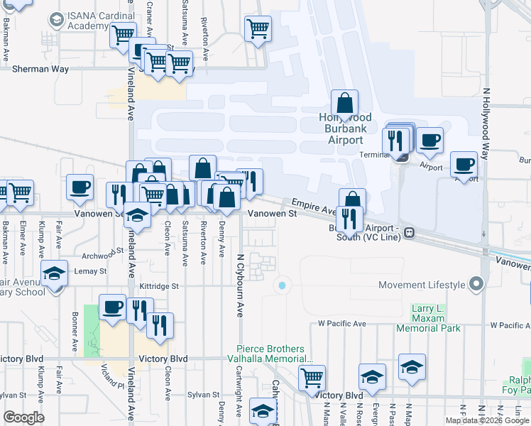 map of restaurants, bars, coffee shops, grocery stores, and more near 6752 Vanowen Street in Burbank