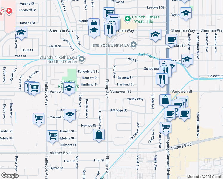 map of restaurants, bars, coffee shops, grocery stores, and more near 22349 Vanowen Street in Los Angeles