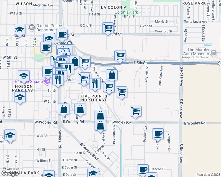 map of restaurants, bars, coffee shops, grocery stores, and more near 740 Mountain View Avenue in Oxnard