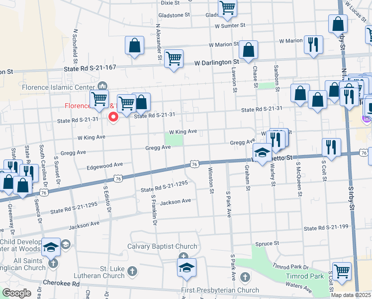 map of restaurants, bars, coffee shops, grocery stores, and more near 822 Gregg Avenue in Florence