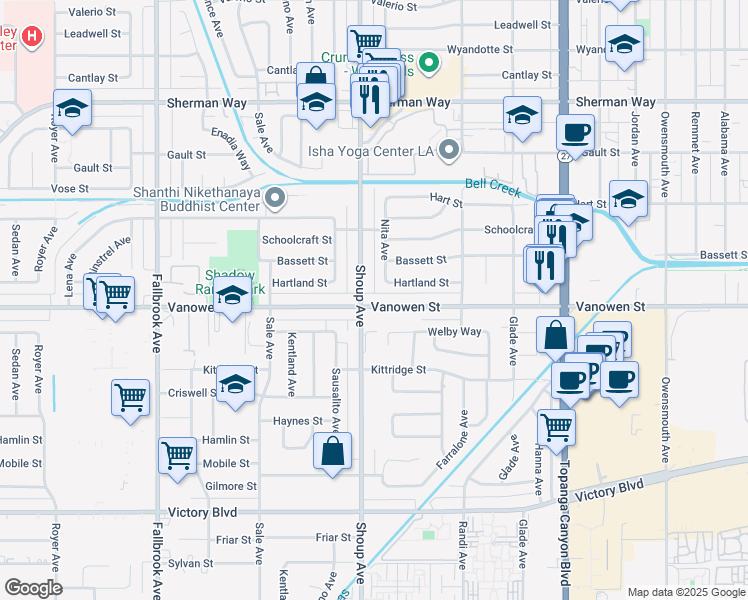 map of restaurants, bars, coffee shops, grocery stores, and more near 22349 Vanowen Street in Los Angeles
