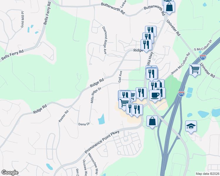 map of restaurants, bars, coffee shops, grocery stores, and more near 125 Lori Lane in Canton