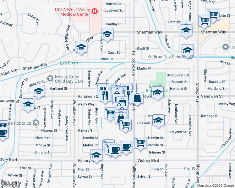 map of restaurants, bars, coffee shops, grocery stores, and more near 22901 Vanowen Street in West Hills