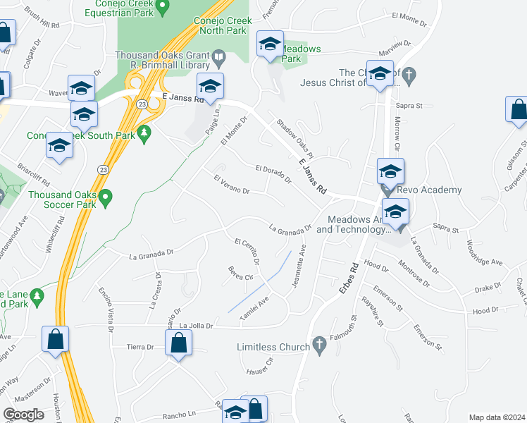 map of restaurants, bars, coffee shops, grocery stores, and more near 1591 La Granada Drive in Thousand Oaks