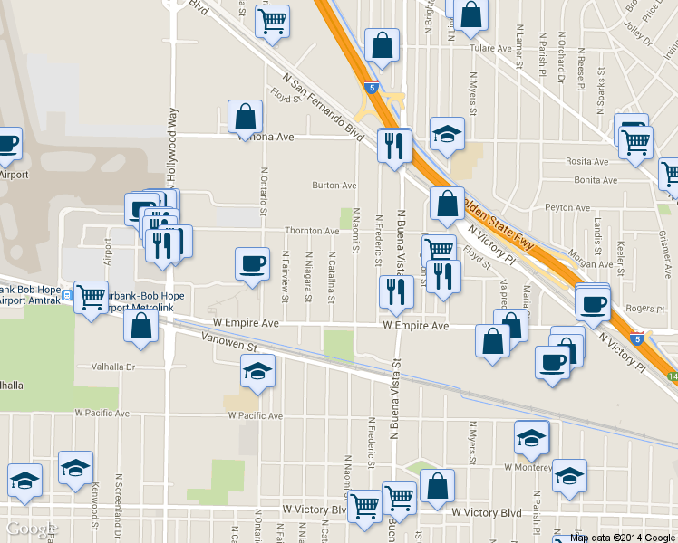 map of restaurants, bars, coffee shops, grocery stores, and more near 2304 North Catalina Street in Burbank