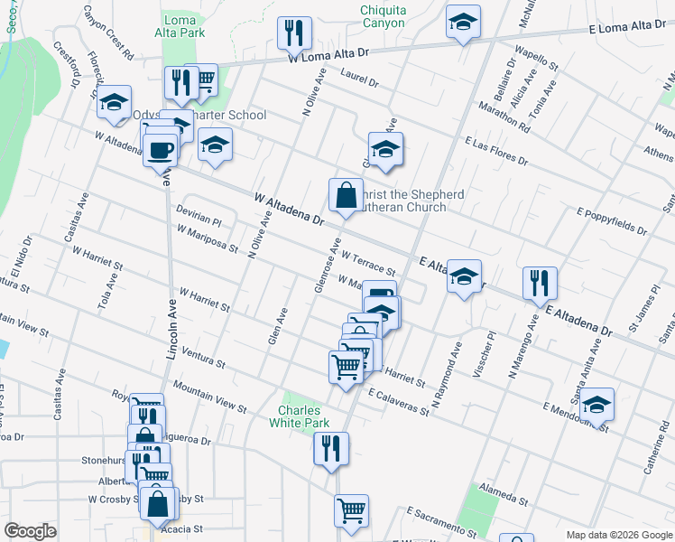 map of restaurants, bars, coffee shops, grocery stores, and more near 141 West Manor Street in Altadena