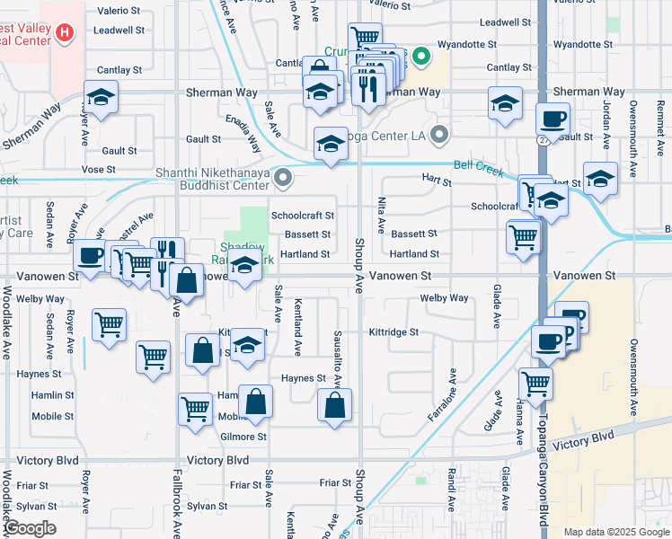 map of restaurants, bars, coffee shops, grocery stores, and more near 22427 Vanowen Street in Los Angeles