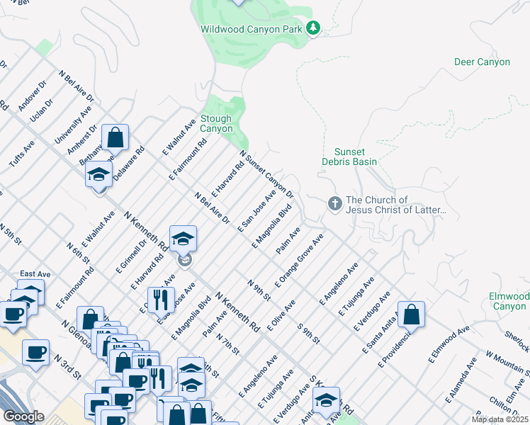 map of restaurants, bars, coffee shops, grocery stores, and more near 1033 East San Jose Avenue in Burbank