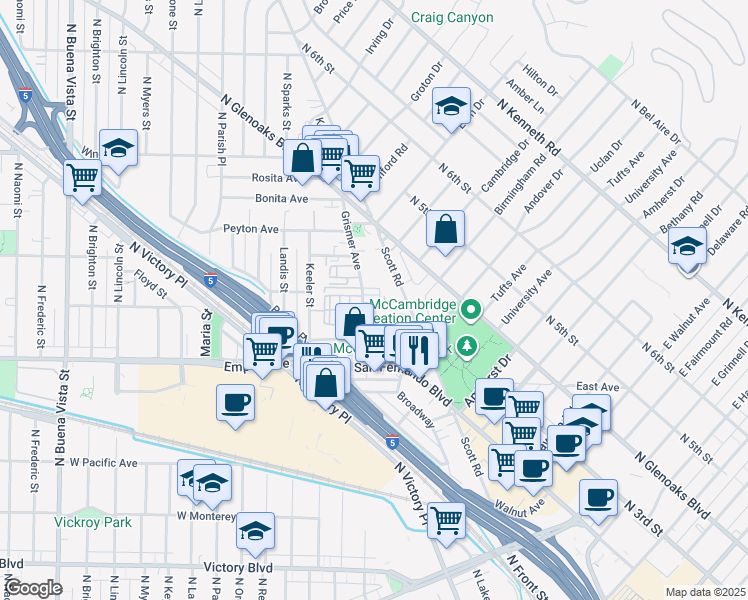 map of restaurants, bars, coffee shops, grocery stores, and more near 1711 Scott Road in Burbank