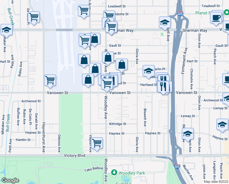 map of restaurants, bars, coffee shops, grocery stores, and more near 16019 Vanowen Street in Los Angeles
