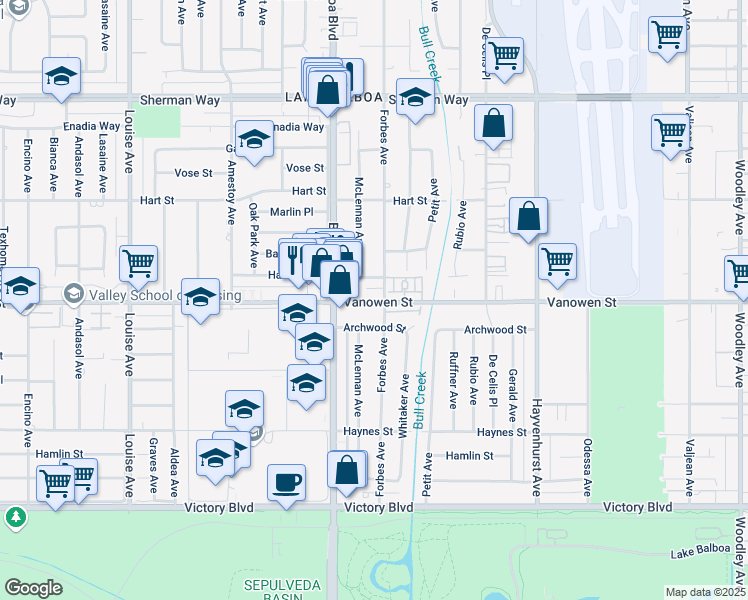 map of restaurants, bars, coffee shops, grocery stores, and more near 16825 Vanowen Street in Los Angeles