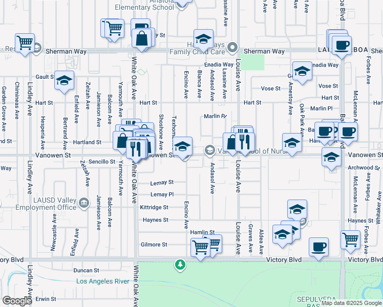 map of restaurants, bars, coffee shops, grocery stores, and more near 17447 Vanowen Street in Los Angeles