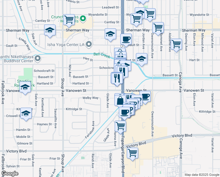 map of restaurants, bars, coffee shops, grocery stores, and more near 22057 Vanowen Street in Los Angeles