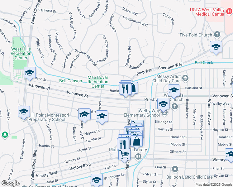 map of restaurants, bars, coffee shops, grocery stores, and more near 23738 Hartland Street in Los Angeles