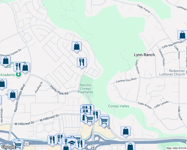 map of restaurants, bars, coffee shops, grocery stores, and more near 1104 Turtle Creek Lane in Thousand Oaks