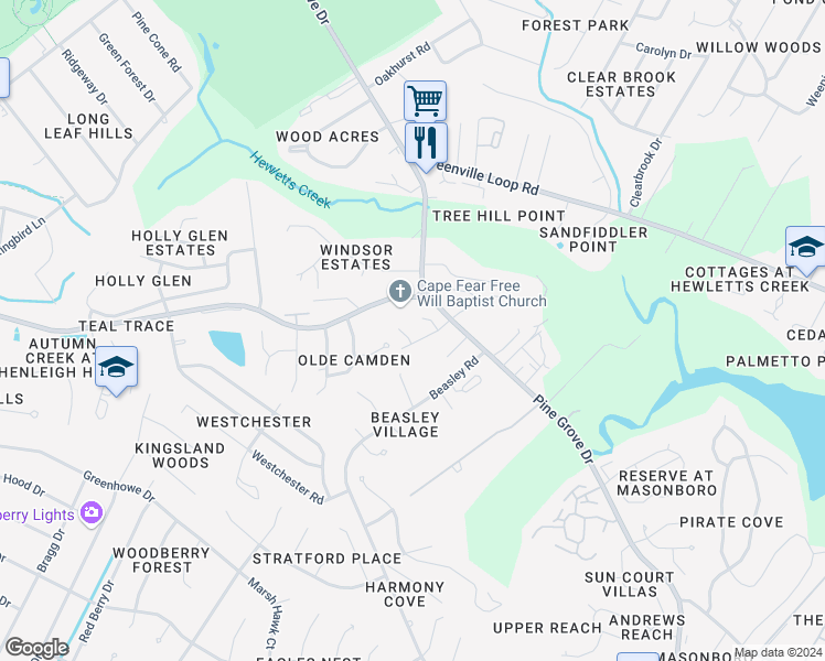 map of restaurants, bars, coffee shops, grocery stores, and more near 104 Thickett Place in Wilmington