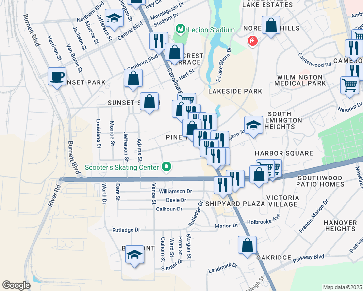 map of restaurants, bars, coffee shops, grocery stores, and more near 406 Bell Street in Wilmington