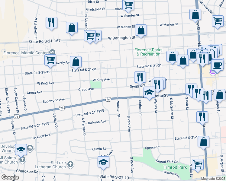 map of restaurants, bars, coffee shops, grocery stores, and more near 802 Gregg Avenue in Florence