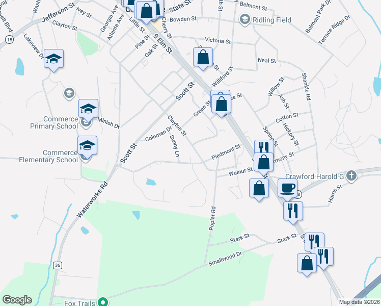 map of restaurants, bars, coffee shops, grocery stores, and more near 1034 Clayton Street in Commerce