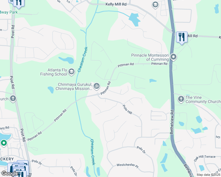 map of restaurants, bars, coffee shops, grocery stores, and more near 4925 Arcanum Place in Cumming